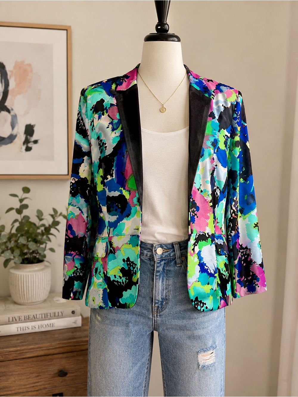 Abstract Print Blazer Colorful Statement Jacket Retro 90s Artsy Size 8
